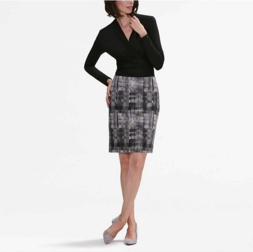 MM LaFleur Skirt Womens 10 Black Noho Scratch Plaid Pencil Classic Modest Zip Up